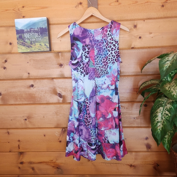 Venus 💜 Animal Floral V Neck Dress A Line Gathered Beaded Ruffle Stretch Medium - Picture 9 of 11